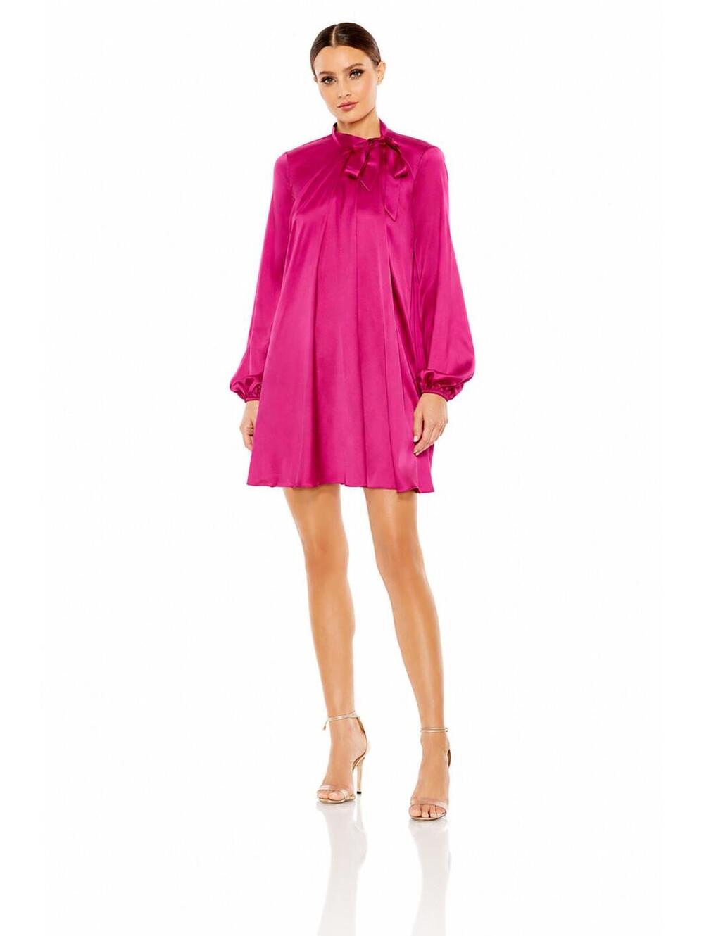 NWT Ieena for Mac Duggal 55968 Fuchsia Satin Long Sleeve Shirt Dress Size 6